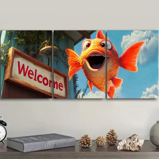 3pcs The Little Goldfish Said Welcome Metal Print Ready to Hang Art