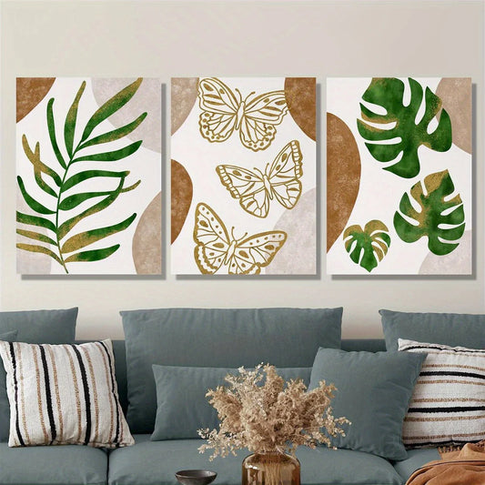 3pcs Palm Leaf, Butterfly Design in Beige, White, and Green Metal Print Ready to Hang Art