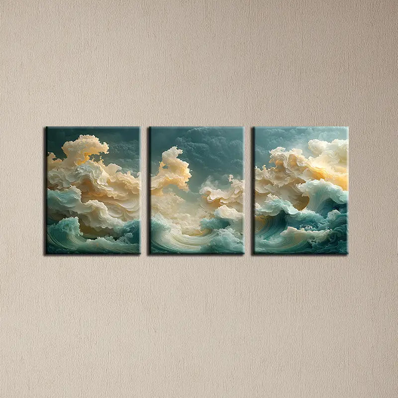 3pcs Abstract Golden Scenery Clouds Design Metal Print Ready to Hang Art