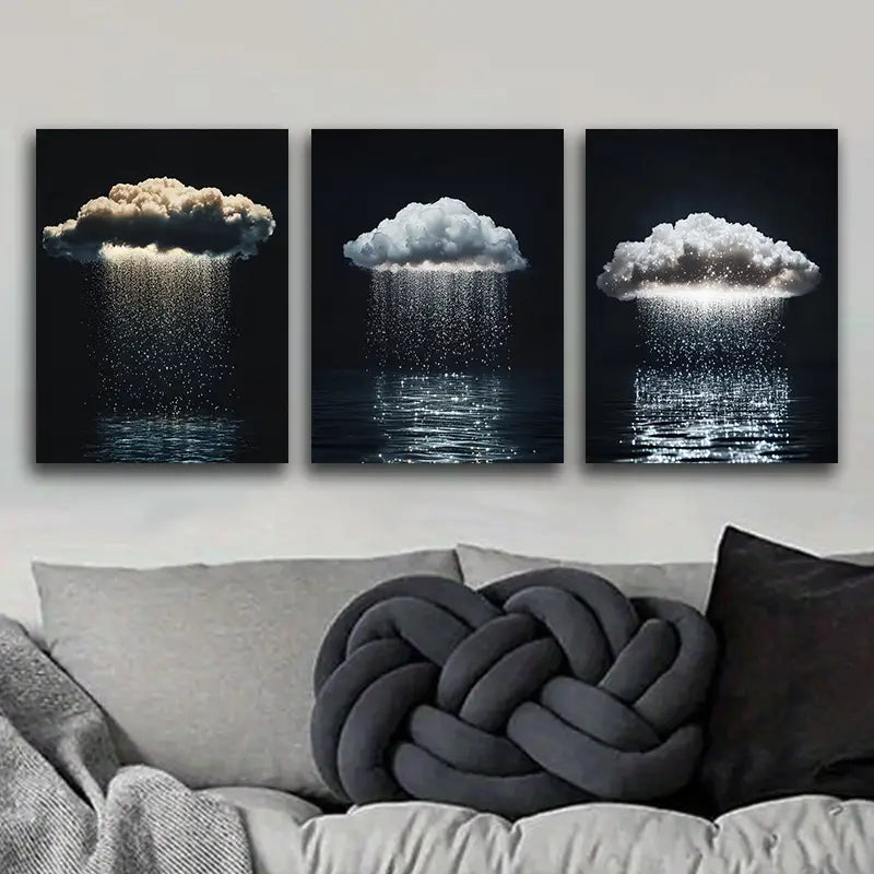 3pcs Featuring a Solitary Cloud with Rain Metal Print Ready to Hang Art