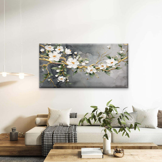 Abstract White Plum Golden Branch Wall Art Canvas Office Home Framed 80x45cm