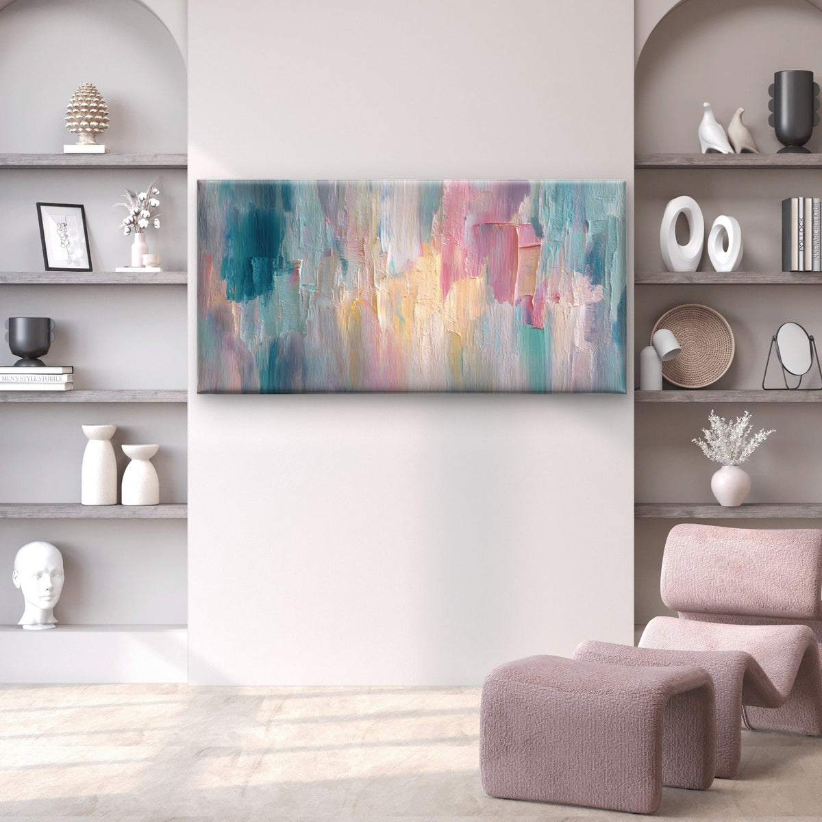 Pastel Pink Teal Abstract Palette Wall Art Canvas Office Home Room Framed 120x60cm