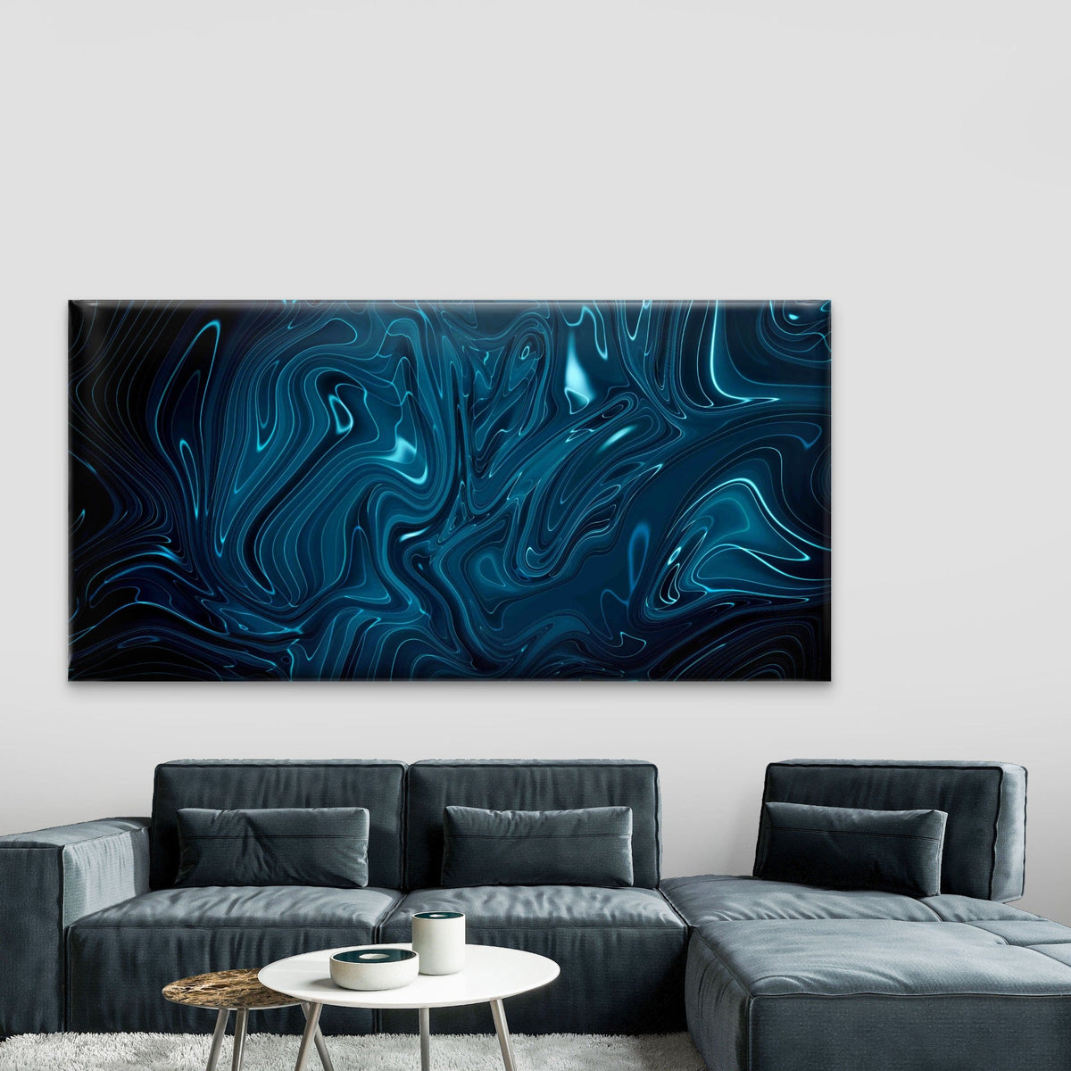 Abstract Dark Blue Liquid Wall Art Canvas Office Home Room Framed 80x45cm