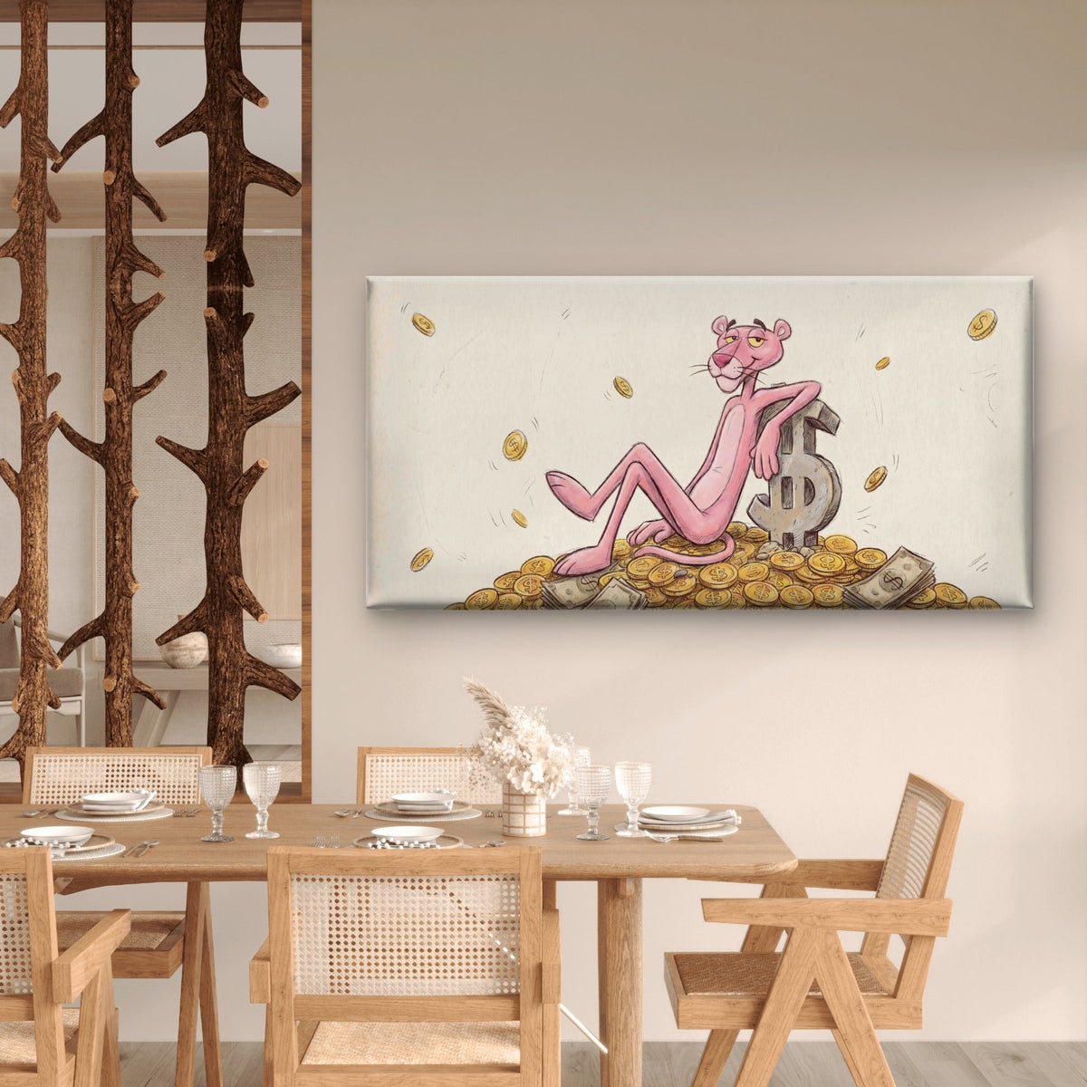 Pink Cat Money Illustration Wall Art Canvas Office Home Room Framed 80x45cm