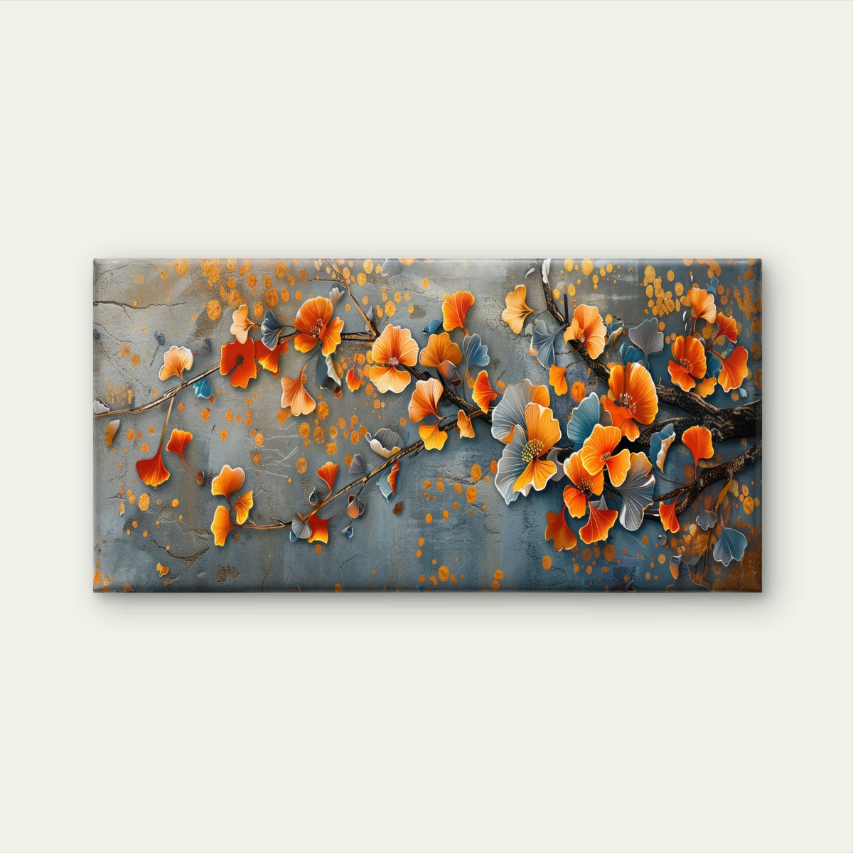 Orange Ginkgo Blossom Branch Wall Art Canvas Office Home Room Framed 80x45cm