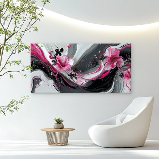 Dark Pink & Floral Design Wall Art Canvas Office Home Room Framed 80x45cm