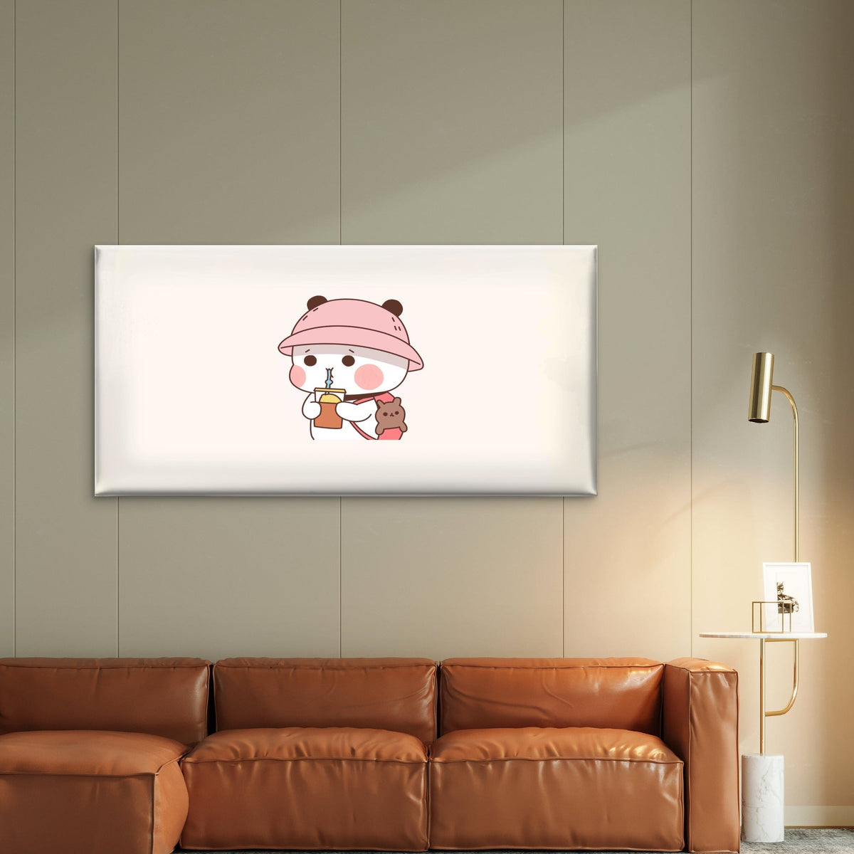 Panda Cat Drinking Bubble Tea Wall Art Canvas Office Home Room Framed 80x45cm