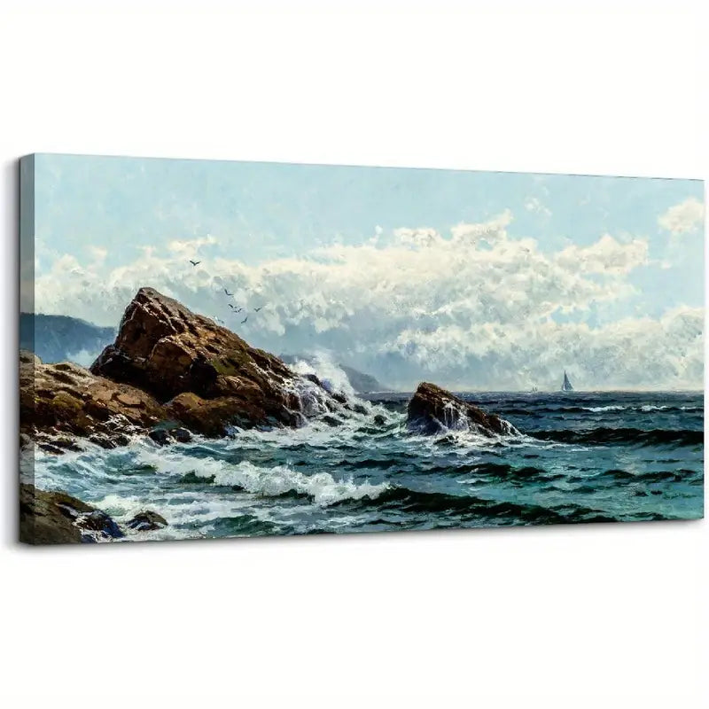 Vintage Ocean Blue Nature Scenic Waves Wall Art canvas office home room framed 120x60cm