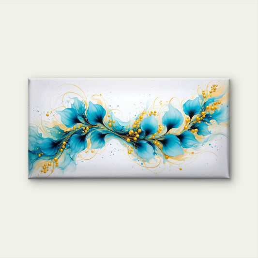 Abstract Teal Blue Flowers Gold Accents Swirls Wall Art Canvas Office Home Room Framed 80x45cm