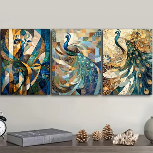 3pcs Featuring a Peacock Displaying Its Feathers Metal Print Ready to Hang Art