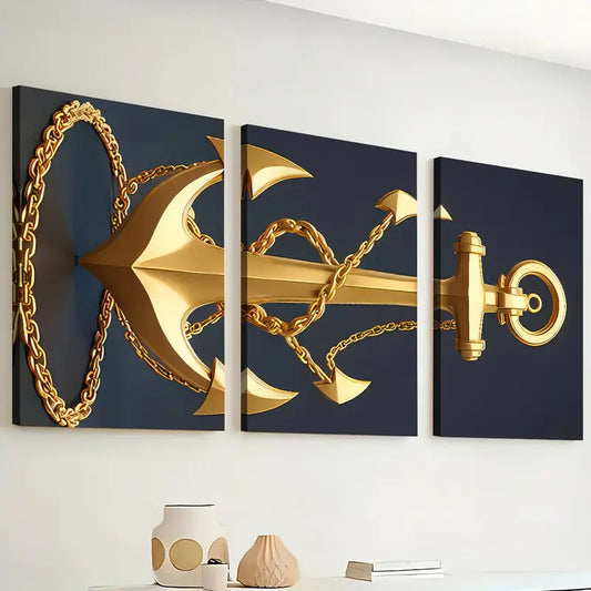 3pcs Modern Stylish Golden Anchor Art Shiny Wall Art Set Canvas Framed 40x60cm - High Quality Print 100% Australian Made Wall Canvas Ready to Hang