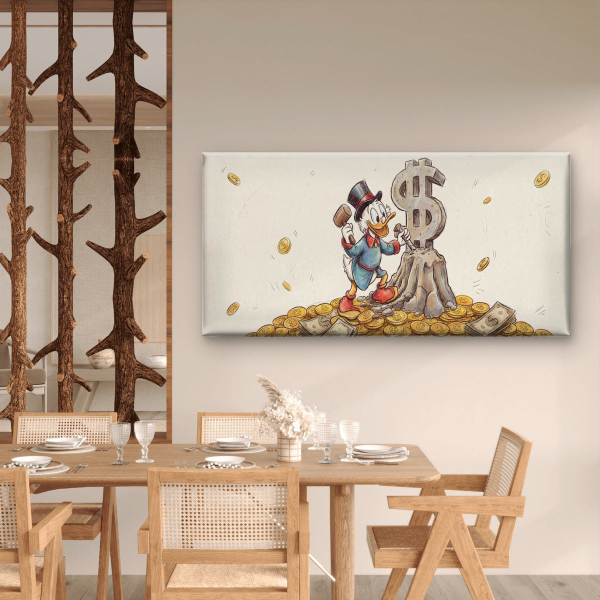 Golden Money Duck Sketch Wall Art Canvas Office Home Room Framed 120x60cm