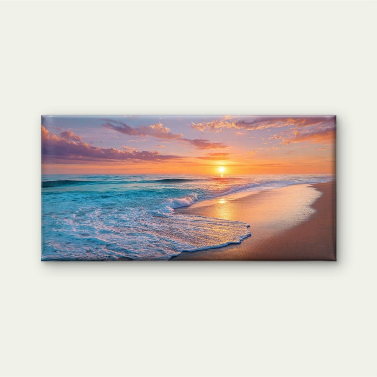 Beach Sunset Ocean Waves Office Home Room Framed 80x45cm