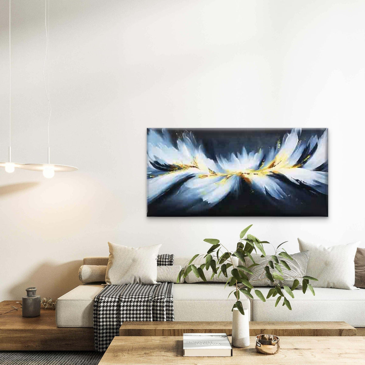Golden And Blue Abstract Feathe Wall Art Canvas Office Home Room Framed 120x60cm