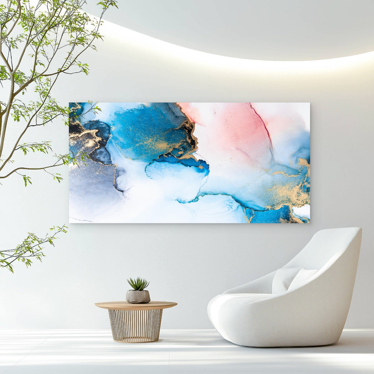 Blue Marble Ink Art Wall Art Canvas Office Home Room Framed 80x45cm