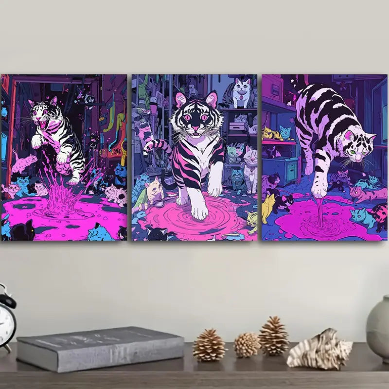 3pcs Featuring a Black And White Tiger Adorned with Pink Spots Metal Print Ready to Hang Art