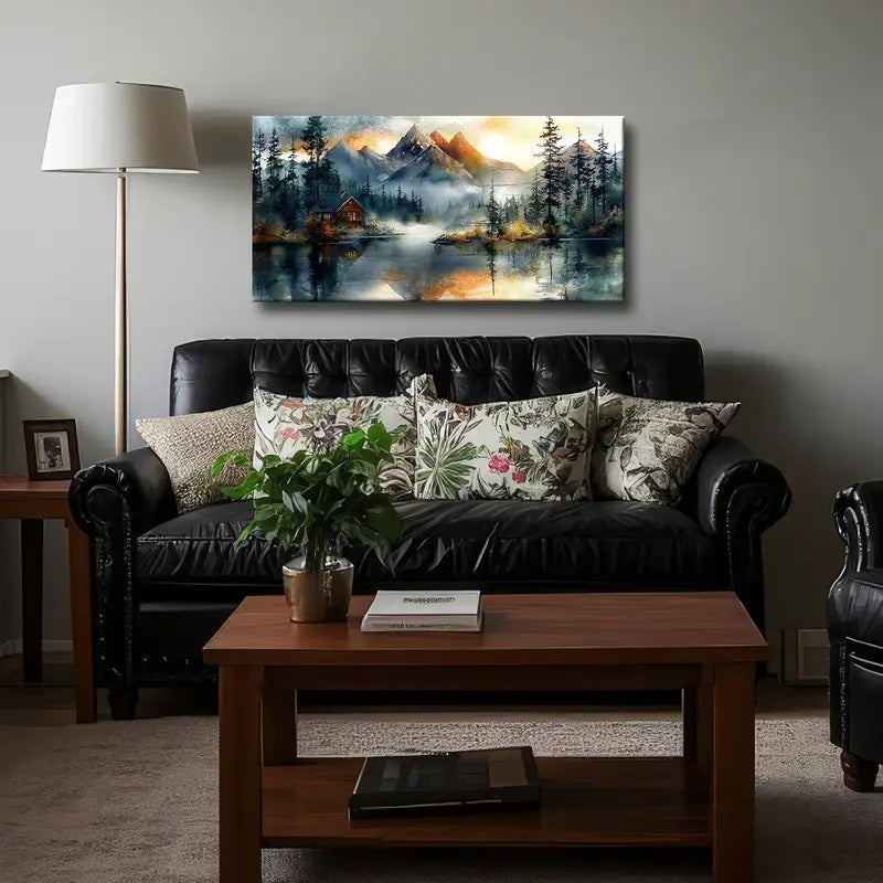 Sunset Lake Rustic Forest Lodge Wall Art canvas office home room framed 120x60cm