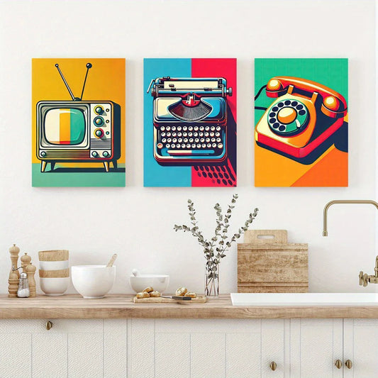 3pcs Telephone, TV Painting Vintage Style Metal Print Ready to Hang Art