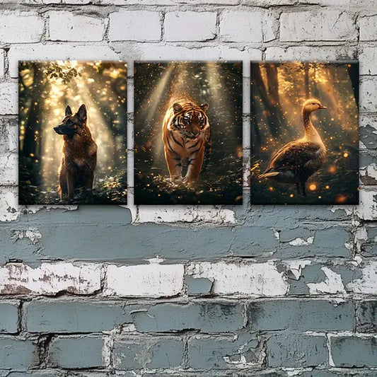 3pcs Animal German Shepherd, Tiger, Duck Design Metal Print Ready to Hang Art