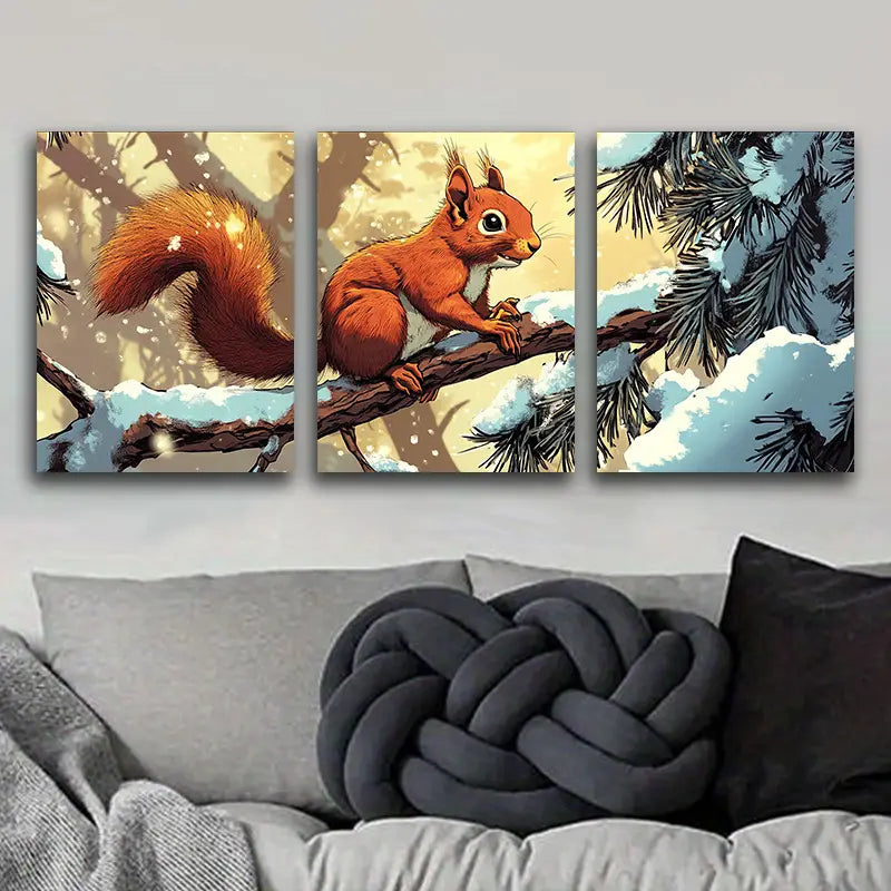 3pcs Rustic Wooden Festive Squirrel on Branch Metal Print Ready to Hang Art