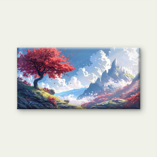 Mountain Landscape With Red Tre Wall Art Canvas Office Home Room Framed 80x45cm