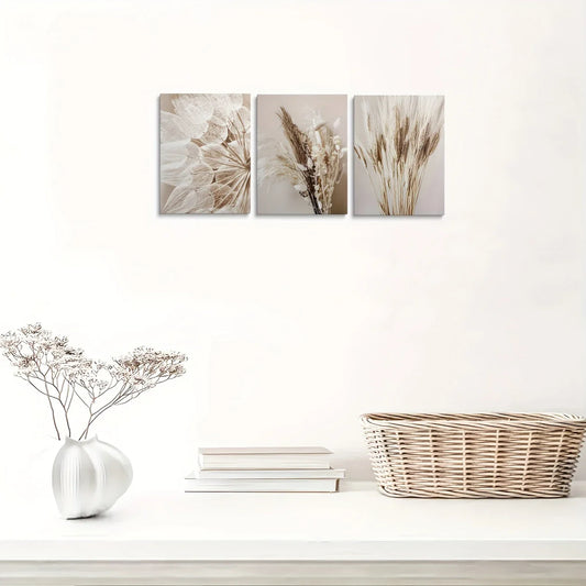 3pcs Bohemian Beige Flowers Dandelion, Reed, Wheat Metal Print Ready to Hang Art
