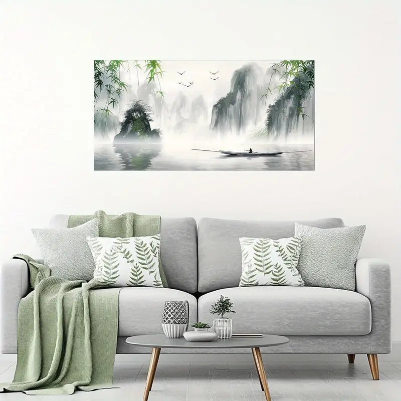 Black & White Serene Lake with Green Bamboo Birds & Boat Wall Art canvas office home room framed 120x60cm