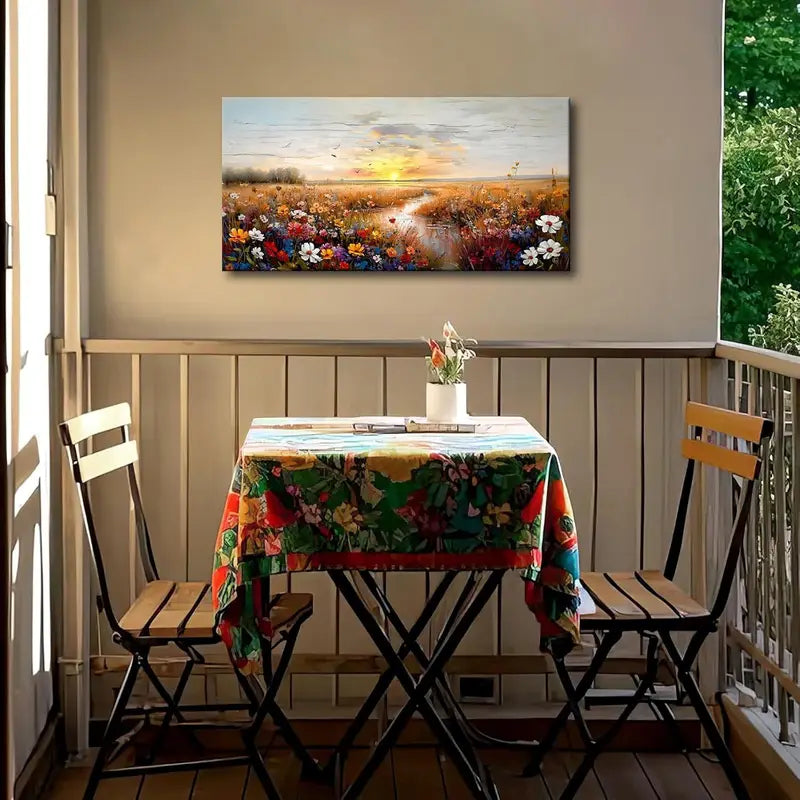 Sunset River Wildflower Field Wall Art canvas office home room framed 120x60cm