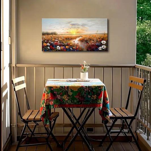 Sunset River Wildflower Field Wall Art canvas office home room framed 120x60cm