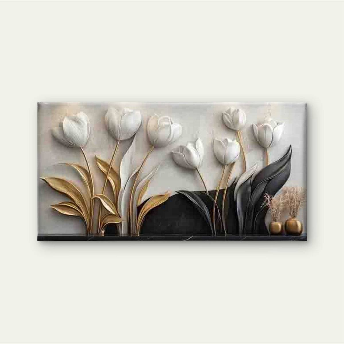 Abstract Tulip White & Golden Wall Art Canvas Office Home Room Framed 80x45cm