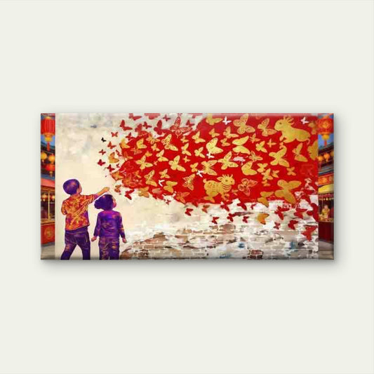 Children Watching Red Butterfli Wall Art Canvas Office Home Room Framed 120x60cm
