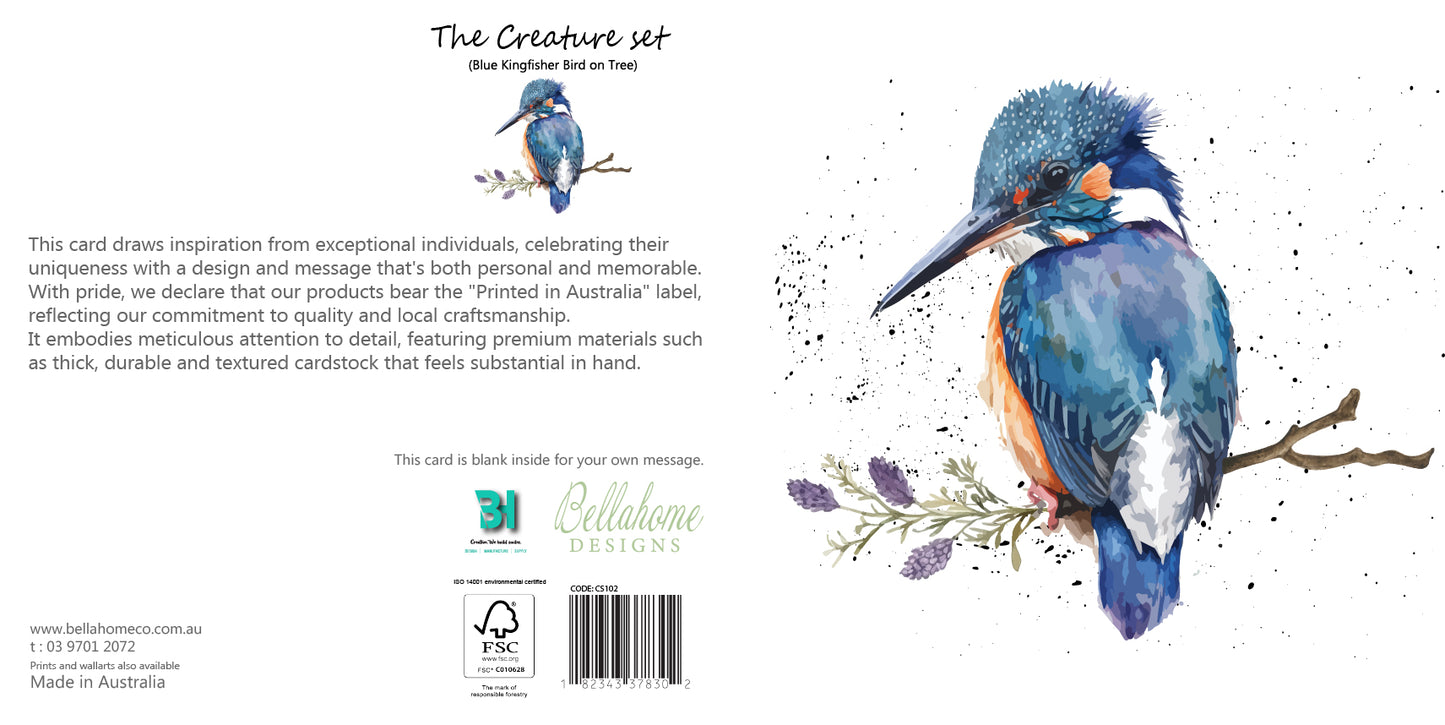 Blue Kingfisher Bird on Tree Greeting Card - The Creatures Set - 10 Pcs