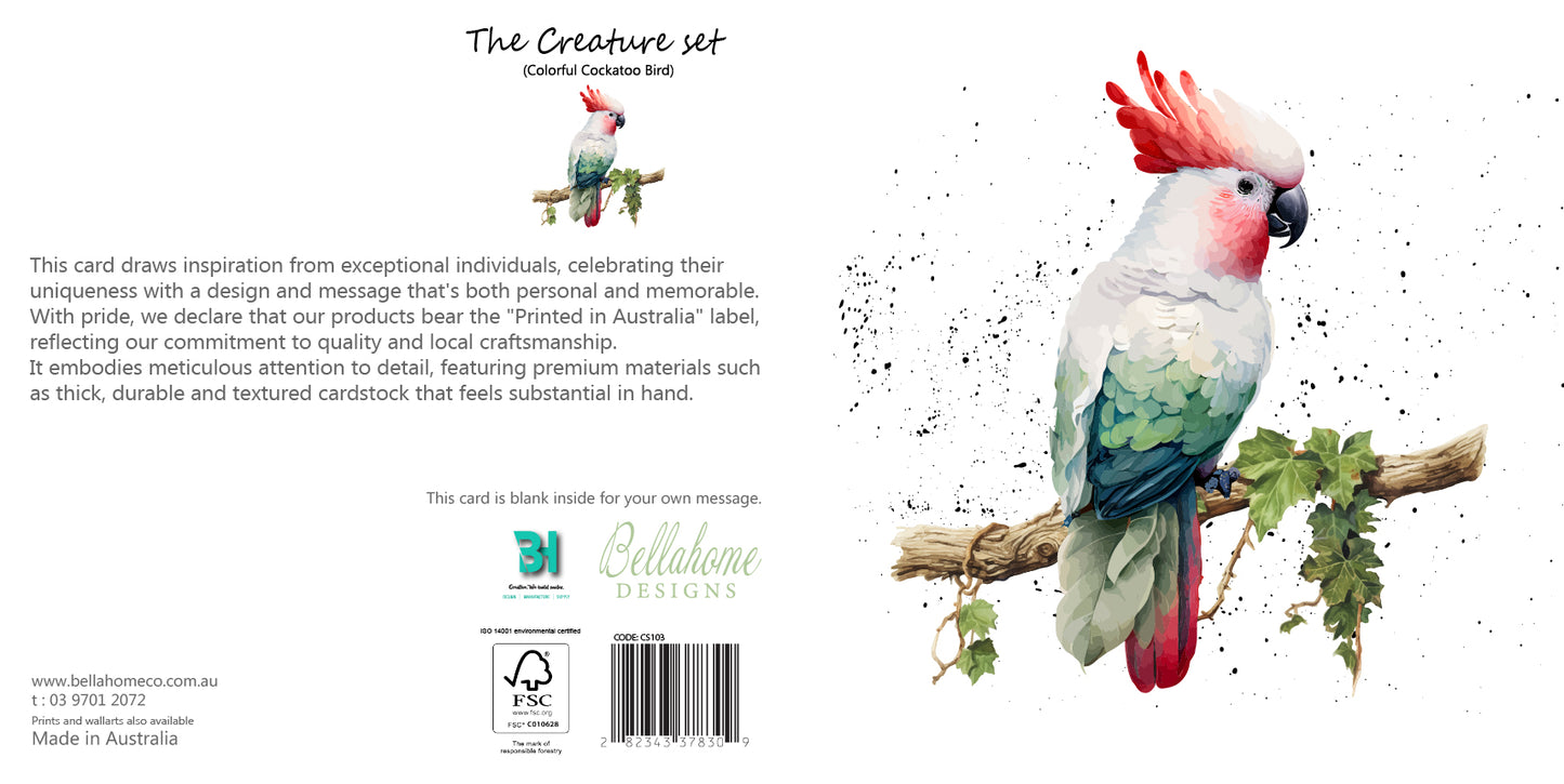 Colorful Cockatoo Bird Greeting Card - The Creatures Set - 10 Pcs