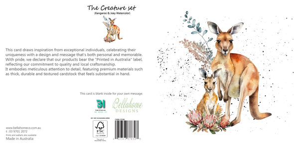 Kangaroo & Joey Watercolor Greeting Card - The Creatures Set - 10 Pcs