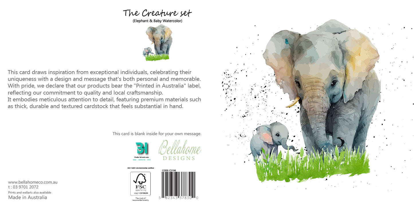 Elephant & Baby Watercolor Greeting Card - The Creatures Set - 10 Pcs