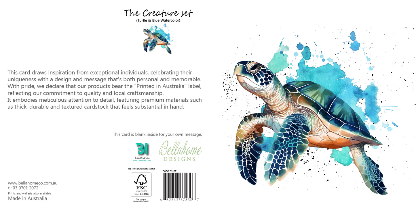 Turtle & Blue Watercolor Greeting Card - The Creatures Set - 10 Pcs