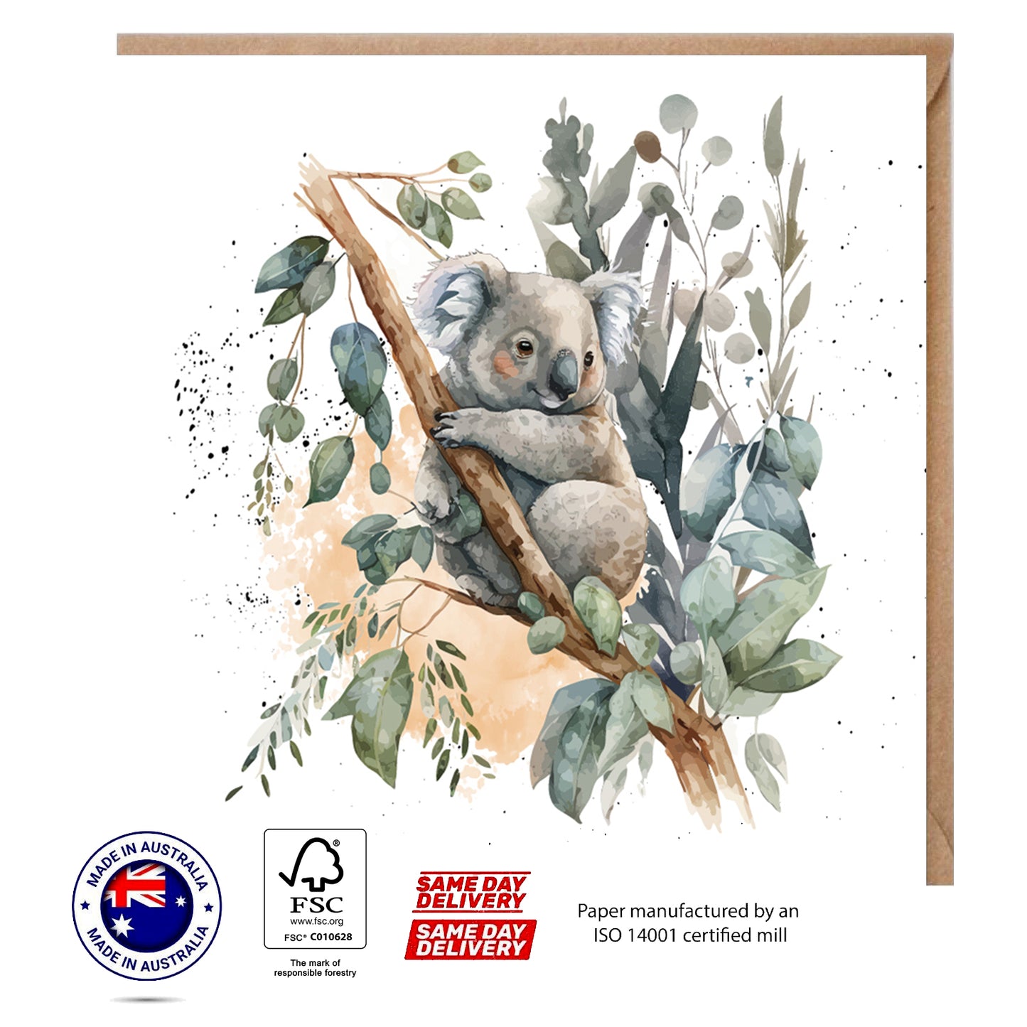 Koala Bear on Tree Watercolor Greeting Card - The Creatures Set - 10 Pcs