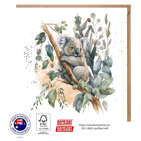 Koala Bear on Tree Watercolor Greeting Card - The Creatures Set - 10 Pcs