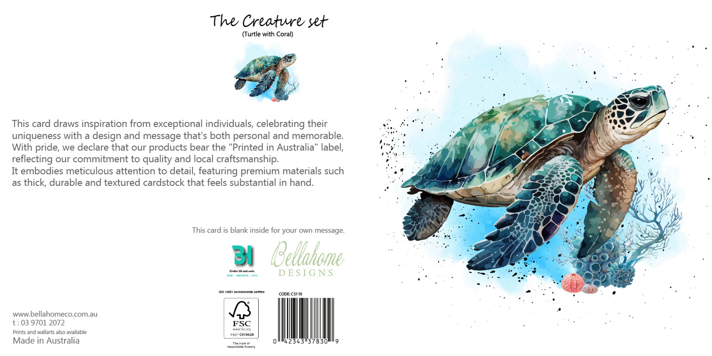 Turtle with Coral Greeting Card - The Creatures Set - 10 Pcs