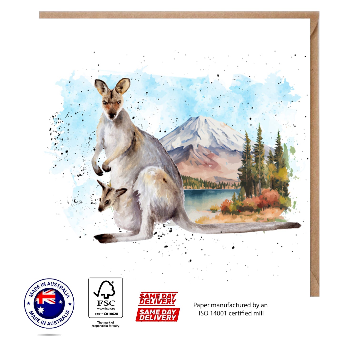 Kangaroo with Mountain Greeting Card - The Creatures Set - 10 Pcs