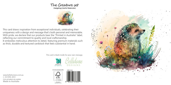 Hedgehog Colorful Watercolor Greeting Card - The Creatures Set - 10 Pcs