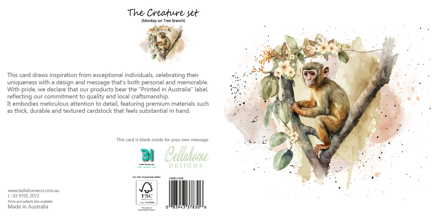 Monkey on Tree Branch Greeting Card - The Creatures Set - 10 Pcs