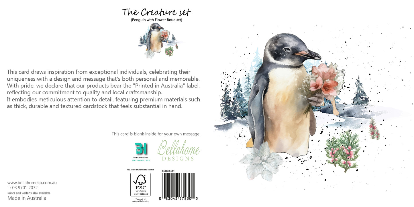 Penguin with Flower Bouquet Greeting Card - The Creatures Set - 10 Pcs