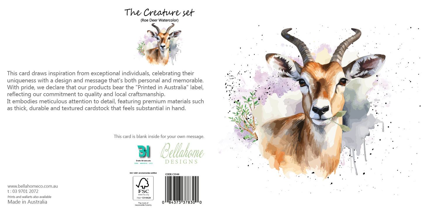 Roe Deer Watercolor Greeting Card - The Creatures Set - 10 Pcs