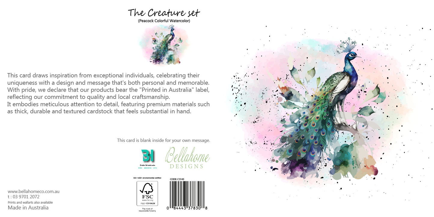 Peacock Colorful Watercolor Greeting Card - The Creatures Set - 10 Pcs