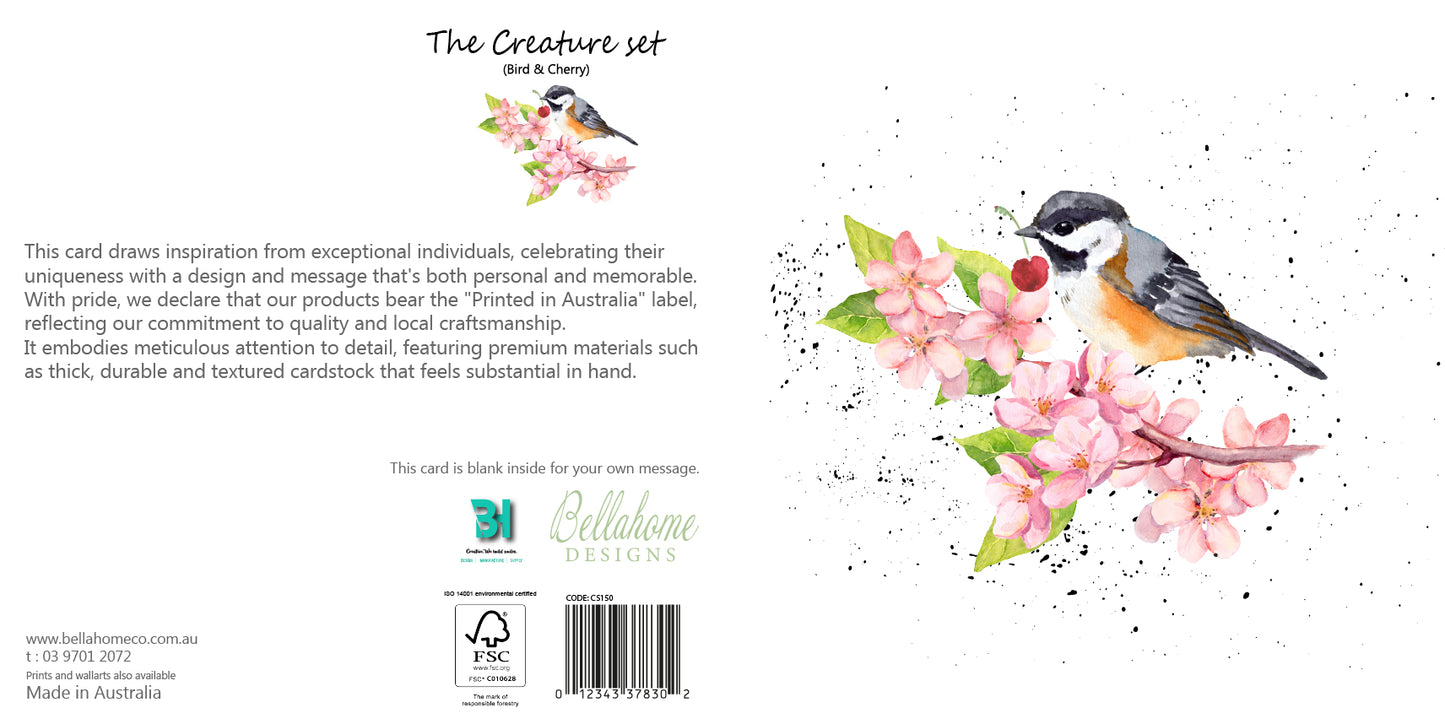 Bird & Cherry Greeting Card - The Creatures Set - 10 Pcs