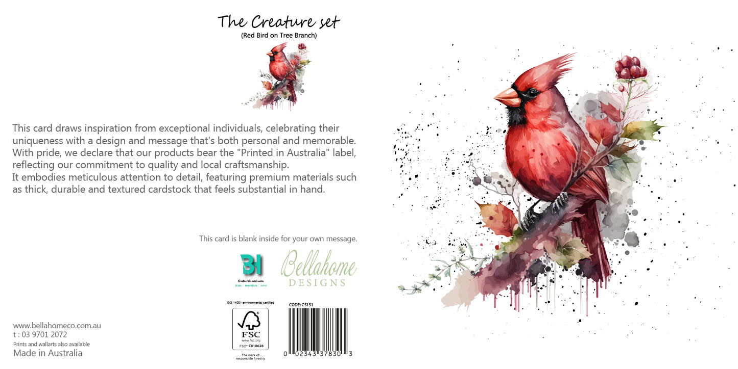 Red Bird on Tree Branch Greeting Card - The Creatures Set - 10 Pcs