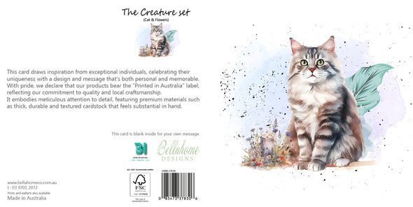 Cat & Flowers Greeting Card - The Creatures Set - 10 Pcs