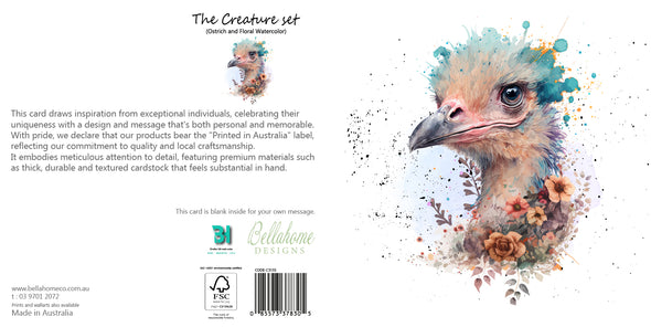 Ostrich and Floral Watercolor Greeting Card - The Creatures Set - 10 Pcs