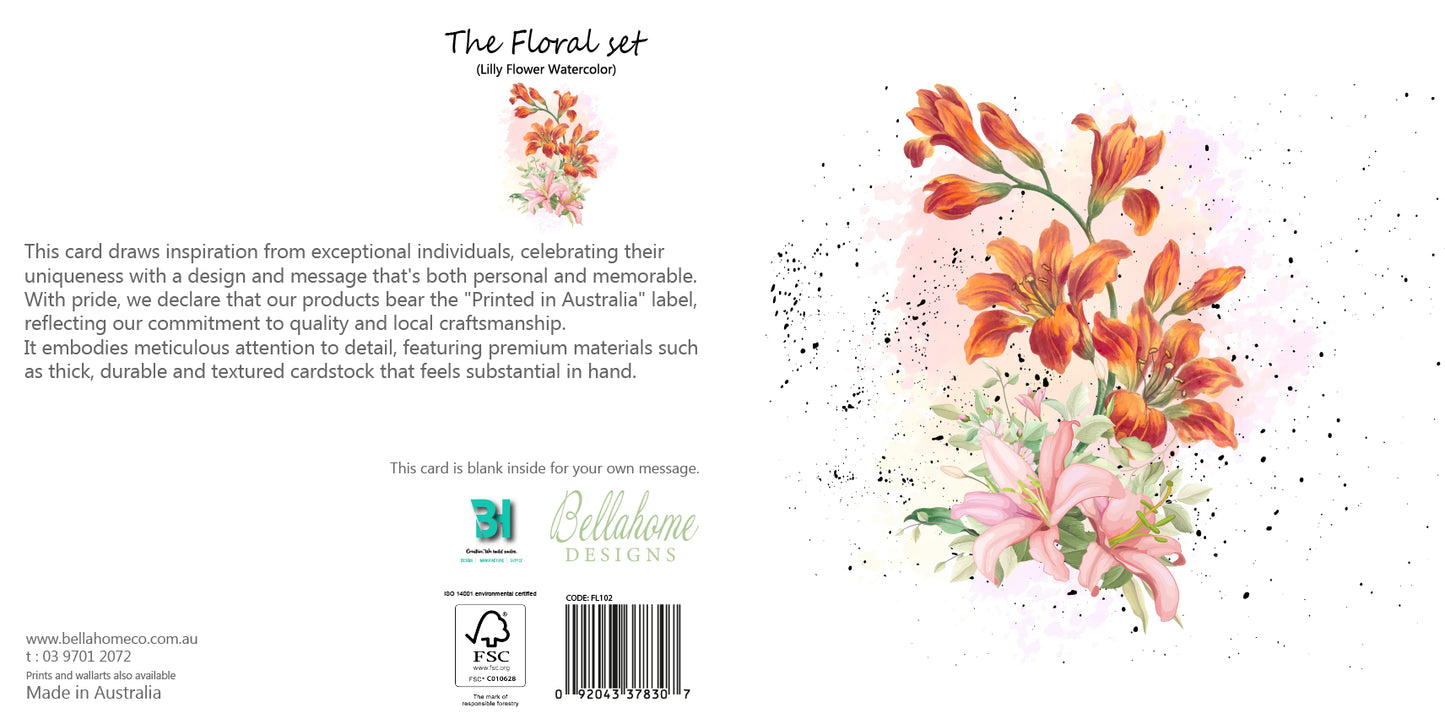 Lilly Flower Watercolor Greeting Card - The Floral Set - 10 Pcs